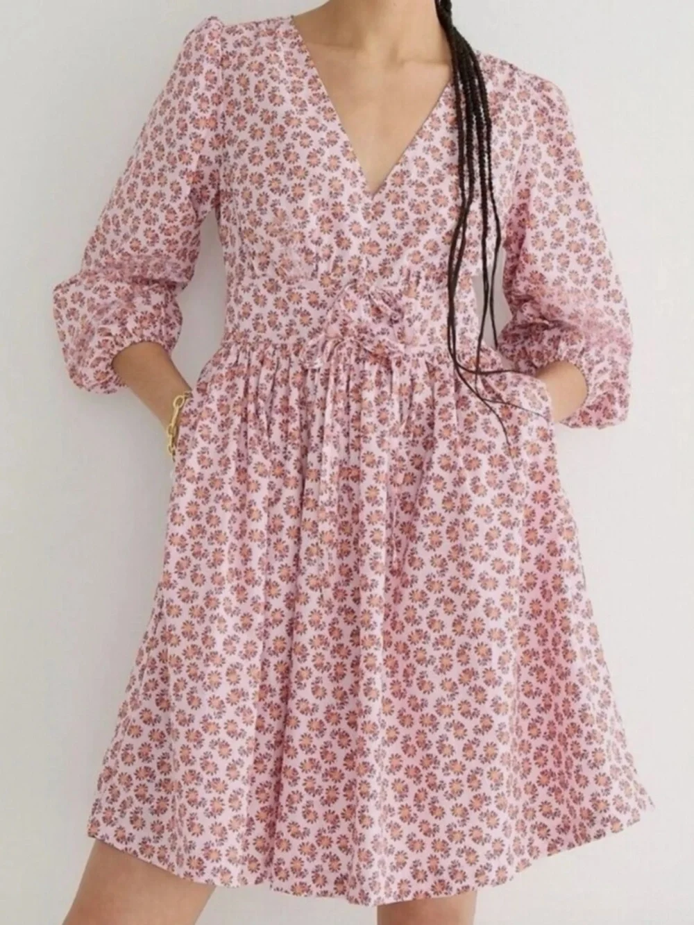 NEW J. Crew V Neck Pink Cotton Poplin Peony Paisley Mini Dress